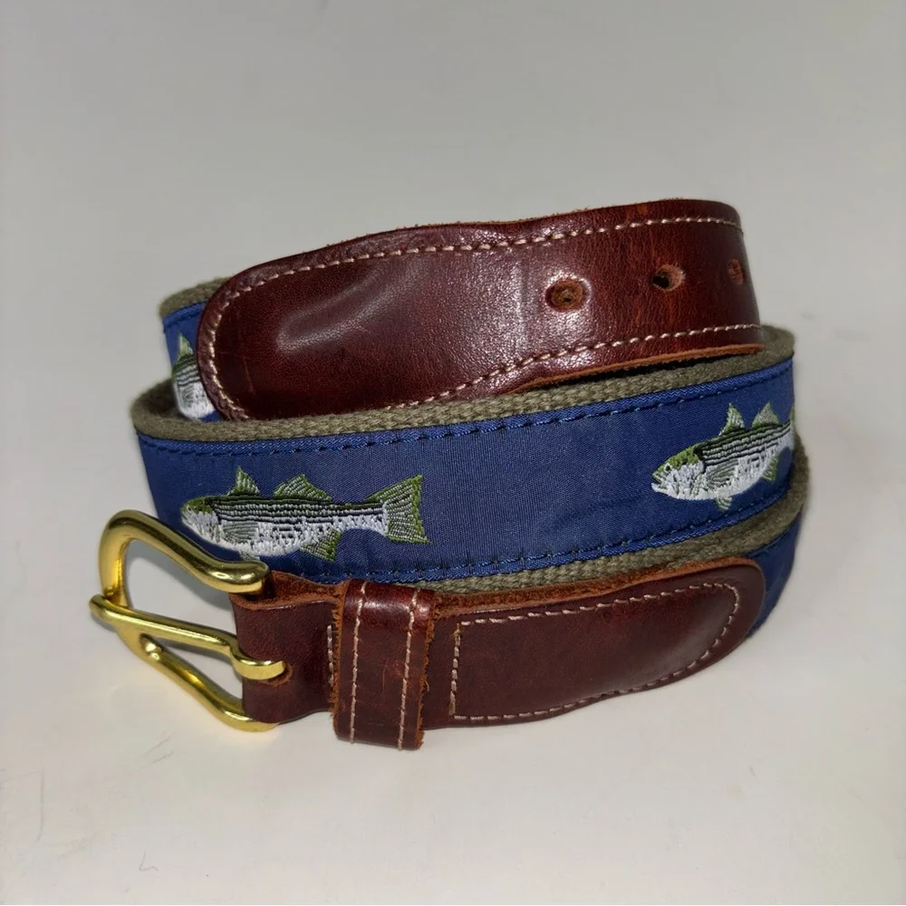 PRESTON New England Belt Men’s Sz 46 Bass Fish Blue Brown Leather Nautical Ocean